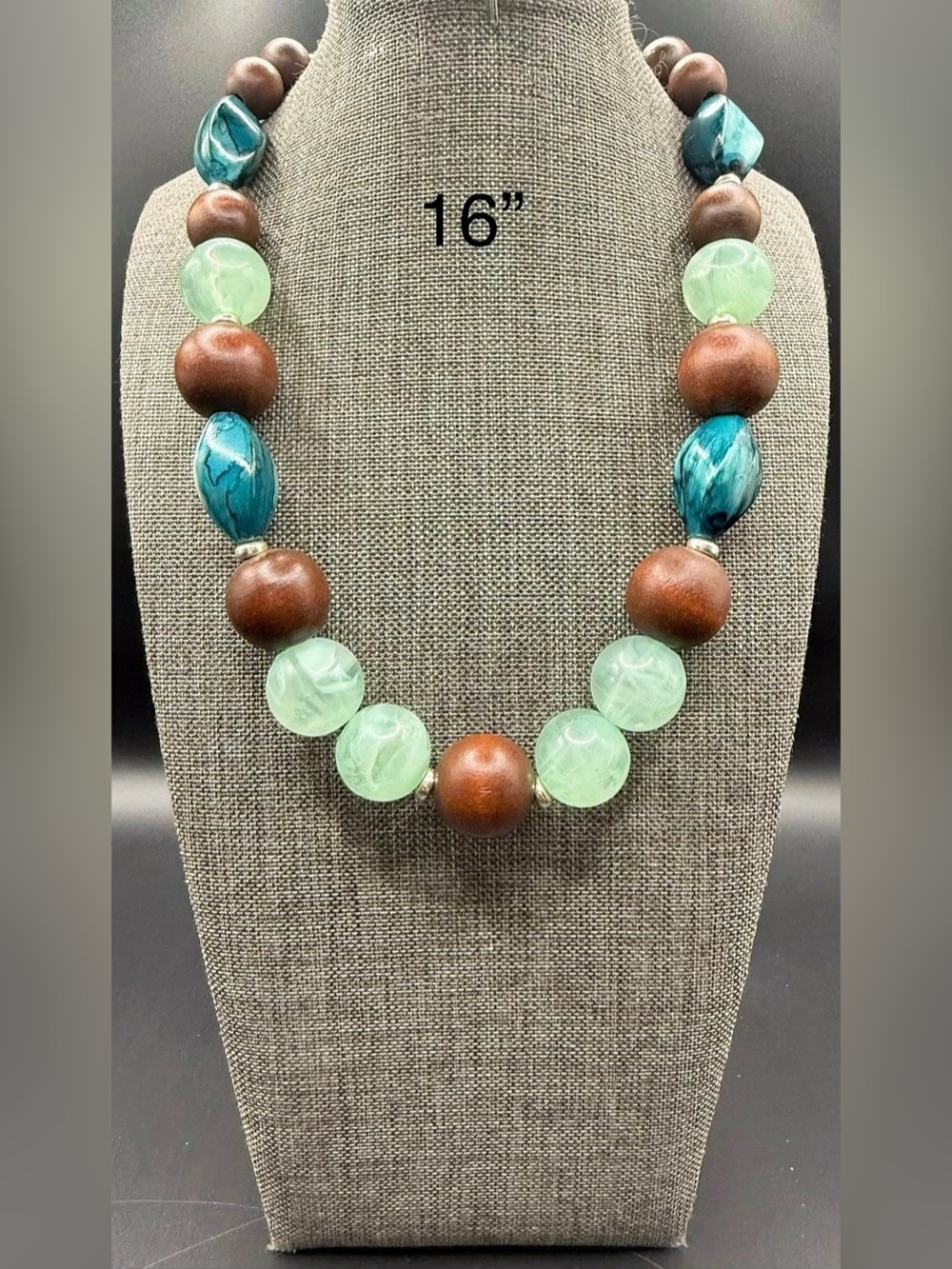 Boho Earthy Wooden Spheres & Seafoam Green Resin Bead Choker Necklace